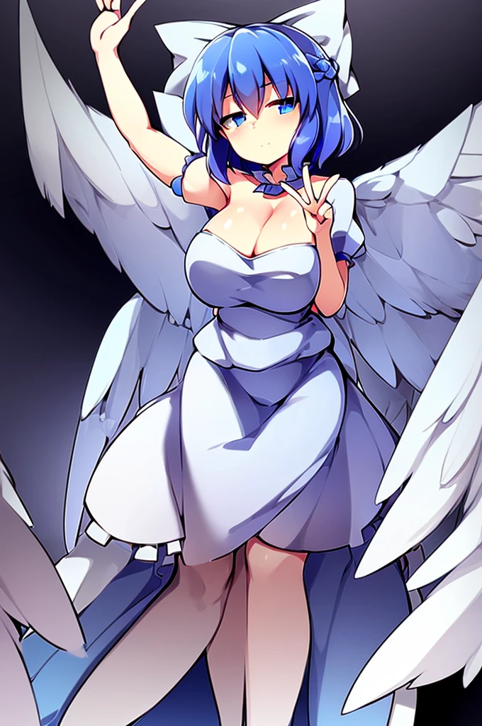 (best quality,4k,8k,highres,masterpiece:1.2), top-quality(masterpiece), top-quality, ultra-detailed, highly detailed texture, intricate details, high quality textures, A cute age angel with blue eyes, big pink ribbon in her hair, drawn in anime style, 1girl, (((1girl in))), , 10 y(loli))), ((child), medium blue hair, hair flaps, pink ribbon on head, well-formed face, Beautiful face, blue eyes, pretty eyes, angel girl, white blouse, puffy short sleeves, red ribbon, angel wings, long white skirt, red shoes, frills, ribbon head, A pair of angel wings on the back, clean line drawings, cute, from behind, to lift up one’s skirt, cowboy shot, from front, standing , raise one leg, crossed arms, arms up behind, arms behind back, hand between legs, put hands hip, one hand on hip, forward hands, arms raised in the air, punch hands, peace sign, waving, put up index finger, sit, lie down, closed eyes, lie face down, looking back, put one hand chest, leaning forward, cleavage, close up, horizontally outstretched arms, horizontally outstretched legs, front view, front face, huge breasts for short stature, cleavage is clearly visible ,G-Cup