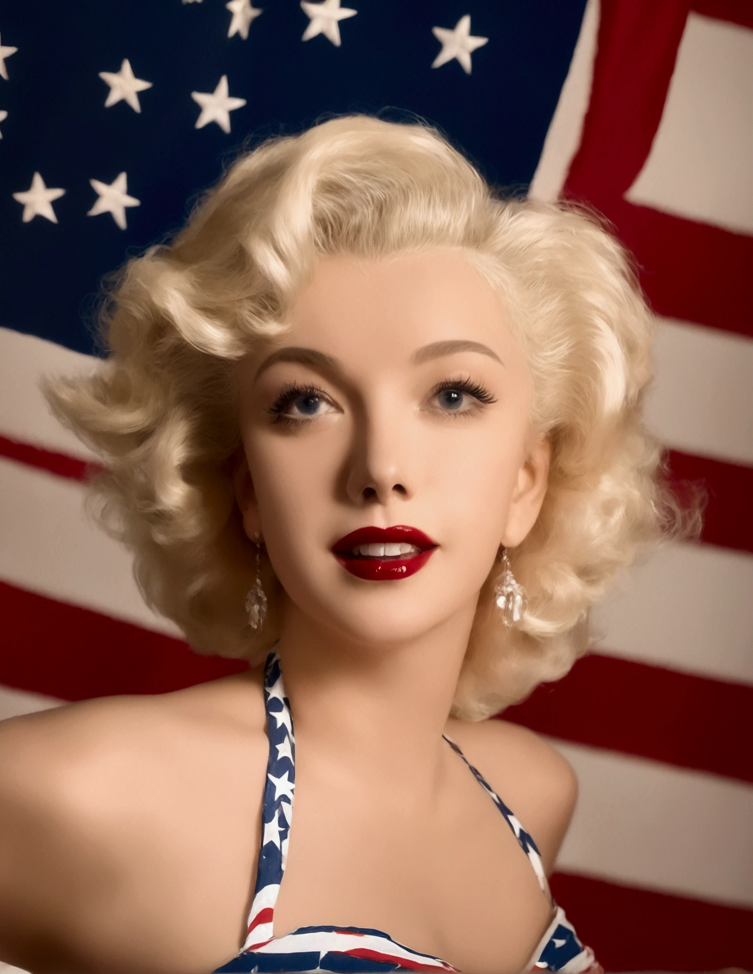 a young Marilyn Monroe,1950s style swimsuit with american flag motif,waving a small american flag,american flag in background,sultry joyous pose,beautiful detailed eyes,beautiful detailed lips,extremely detailed face and skin,long eyelashes,photorealistic,8k,high quality,realistic,vivid colors,studio lighting,professional portrait,glamorous,warm lighting