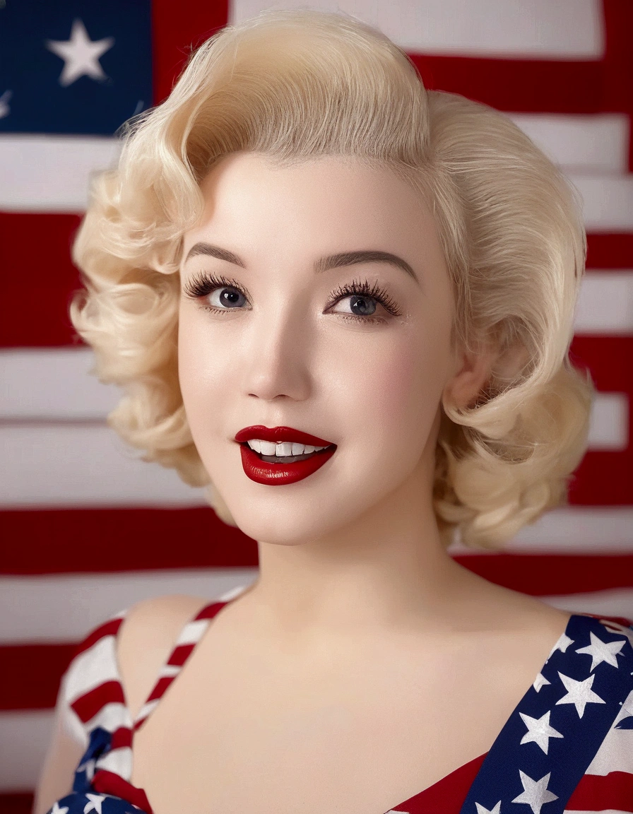 a young Marilyn Monroe,1950s style swimsuit with american flag motif,waving a small american flag,american flag in background,sultry joyous pose,beautiful detailed eyes,beautiful detailed lips,extremely detailed face and skin,long eyelashes,photorealistic,8k,high quality,realistic,vivid colors,studio lighting,professional portrait,glamorous,warm lighting
