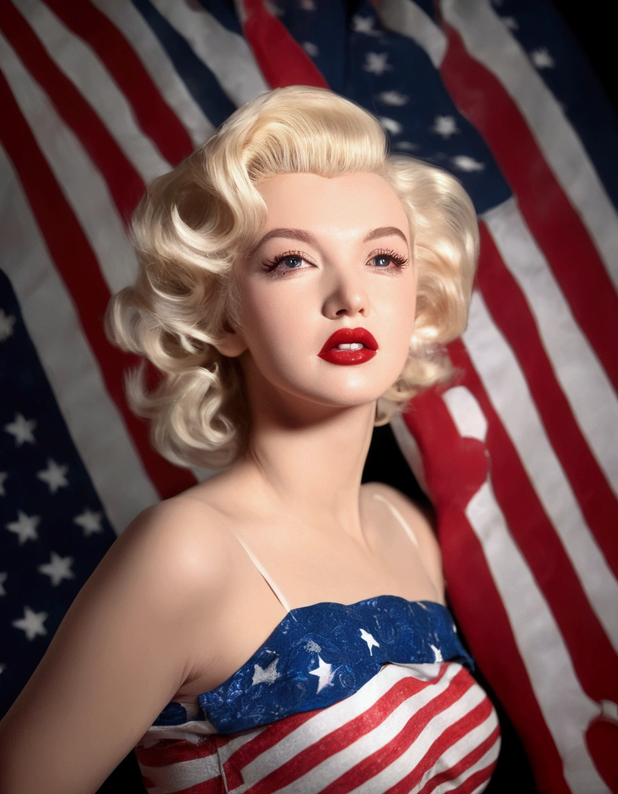 a young Marilyn Monroe,1950s style swimsuit with american flag motif,waving a small american flag,american flag in background,sultry joyous pose,beautiful detailed eyes,beautiful detailed lips,extremely detailed face and skin,long eyelashes,photorealistic,8k,high quality,realistic,vivid colors,studio lighting,professional portrait,glamorous,warm lighting
