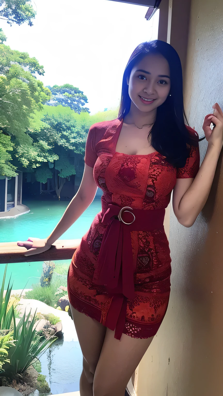 RAW, Best quality, high resolution, masterpiece: 1.3), beautiful Arabian woman, Masterpiece, rain, perfect wet soaked body, wet clothes, (huge breasts:1.5), cleavage cutout, open breast, black chignon hair, open stand, realistic, heavy hairy pussy, Soft smile, thick thighs, woman standing in the waterfall in a dark red batik patterned kebaya short dress, she is about 20 years old, pale white skin, wearing a sexy red kebaya dress, arms up