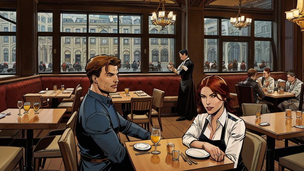 a restaurant, a restaurant в москве, public place, indoors, big windows, luxury, дорогой a restaurant, people have lunch, workers greet guests, Marvel Comics Style, comics
