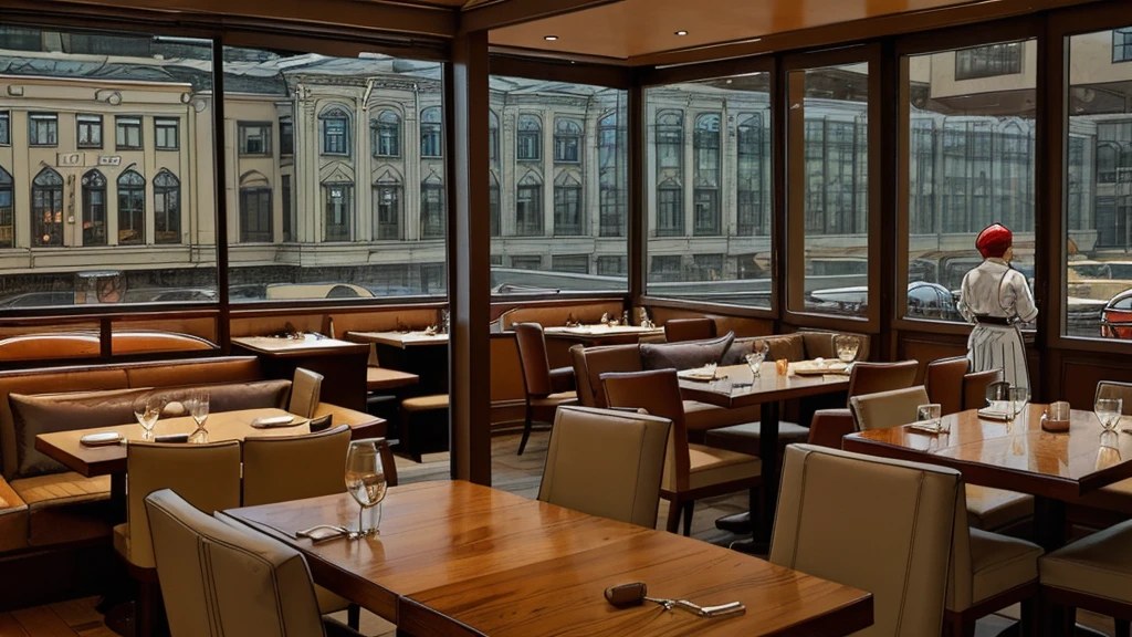a restaurant, a restaurant в москве, public place, indoors, big windows, luxury, дорогой a restaurant, people have lunch, workers greet guests, Marvel Comics Style, comics