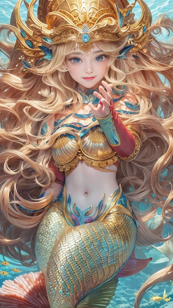 (((In the beautiful coral reef))), ((mermaid)), Masterpiece、Highest quality、8k 、Realistic,Highly detailed face、Highly detailed eyes、Highly detailed lips、(Cute Face),、smile, The double tooth is visible, Golden breastplate, Big Tits 1.6、Tight waist, Blonde、blue eyes, ((Detailed depiction of the golden scales below the navel)), ((Swim to the bottom of the ocean)), Holds a golden trident in his right hand, Place a golden tiara on your head, Wear a gold bracelet on your left wrist, Dynamic composition, ((Texture in the water))