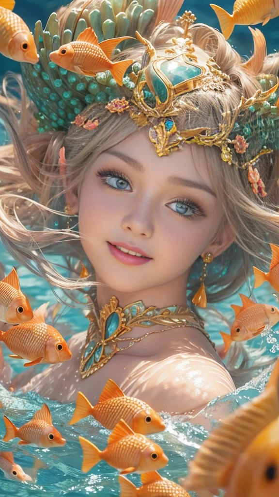 (((In the beautiful coral reef))), ((mermaid)), Masterpiece、Highest quality、8k 、Realistic,Highly detailed face、Highly detailed eyes、Highly detailed lips、(Cute Face),、smile, The double tooth is visible, Golden breastplate, Big Tits 1.6、Tight waist, Blonde、blue eyes, ((Detailed depiction of the golden scales below the navel)), ((Swim to the bottom of the ocean)), Holds a golden trident in his right hand, Place a golden tiara on your head, Wear a gold bracelet on your left wrist, Dynamic composition, ((Texture in the water))