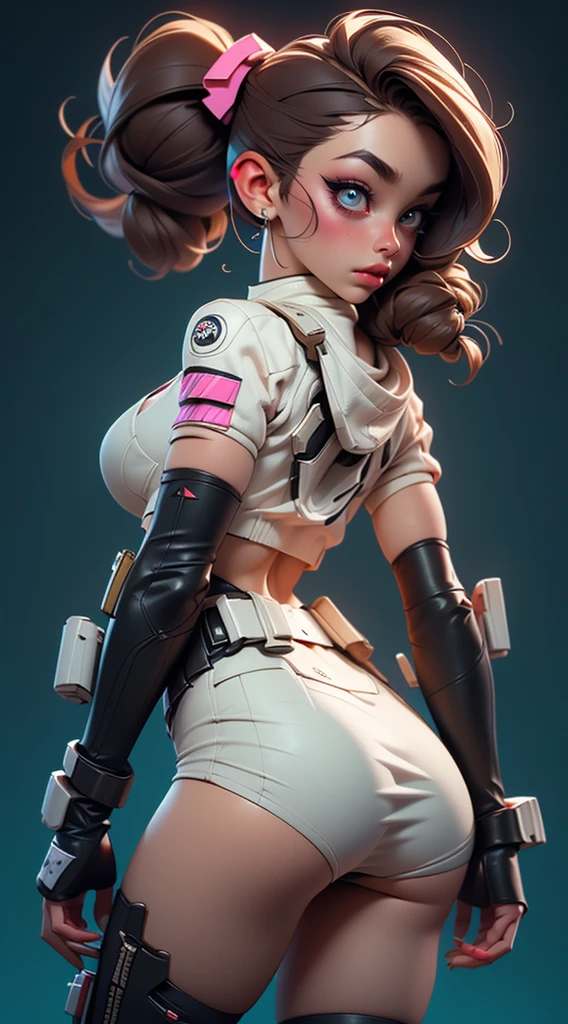 (rear view, backside view),((The best quality, better resolution, Award-winning portrait, Official Art)), ((perfect masterpiece)), ((realist)) and ultra detailed photography of a nerdy cyberpunk princess leia girl with gothic and post apocalyptic colors.. She has ((brownhair)), Carry a (Harajuku inspired cyberpunk tech top) and a (Harajuku inspired cyberpunk tech clothing bottom:1.2) , ((the most beautiful and sexy aesthetic)), sexy, Super huge tits hugely giant, Cleavage showing, hot,(princess leia suit.4),Detailed eyes, detailed hands,
