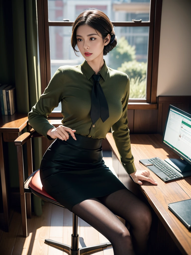 (full body),In the office, a Chinese beauty wearing a uniform, with perfect facial features, hot ass giri, lipstick, red lips, (Retro finger waves),finger waves,Deep olive green tight fitting wool jacket, a brown-green shirt,wearing (Black uniform tie),Deep Olive Green Wool Pencil Skirt, (Black high heeled knee high boots), full body, Wearing headphones on the head,Sitting in front of a computer and working, sitting in an office chair ,(Her boyfriend is standing across from her,) a girl, a boy, full body , office, night, bright lighting, Best quality, masterpiece, ultra highs, (photosensitive: 1.4), 8k portal of beautiful, integrated, elegantly, highly detailed, Majestic, art by artwork and run jia and greg rutkowski, (masterpiece, sidelighting, finely detailed beautiful eyes: 1.2), HDR, Detailed background,dressed in 1940s style clothing,Wear black headphones,Black knee-high heel boots,