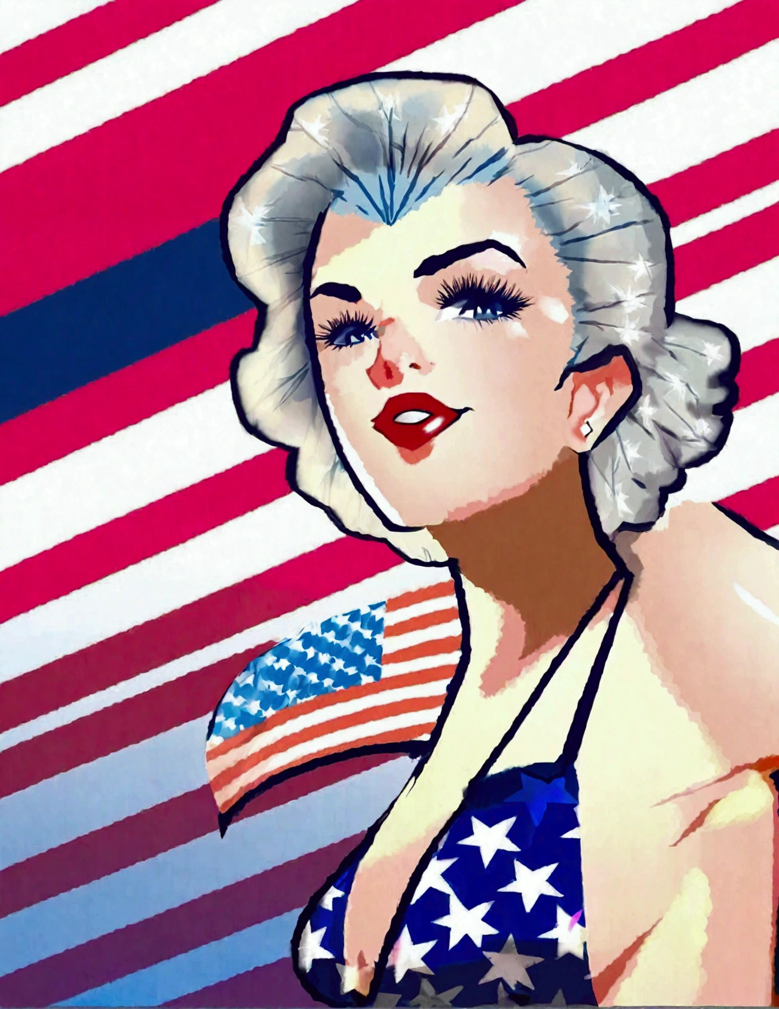 a young Marilyn Monroe,1950s style swimsuit with american flag motif,waving a small american flag,american flag in background,sultry joyous pose,beautiful detailed eyes,beautiful detailed lips,extremely detailed face and skin,long eyelashes,photorealistic,8k,high quality,realistic,vivid colors,studio lighting,professional portrait,glamorous,warm lighting