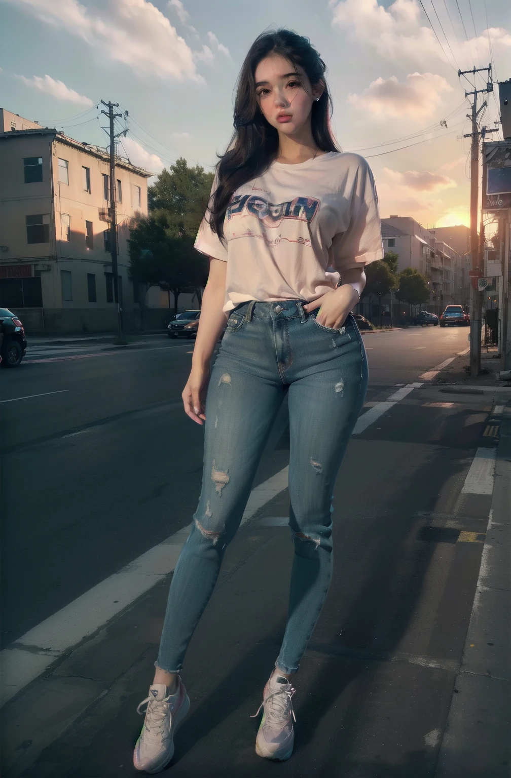 2.5D realistic anime, a (full body), young female hyperrealist, photorealistic, young female working class hero, workshirt, oversized, full body, beaty face, ((detailed face, eyes, nose, lips, blushing)), sunset behind unfinissed building constructions, (medium breast:0.8)
