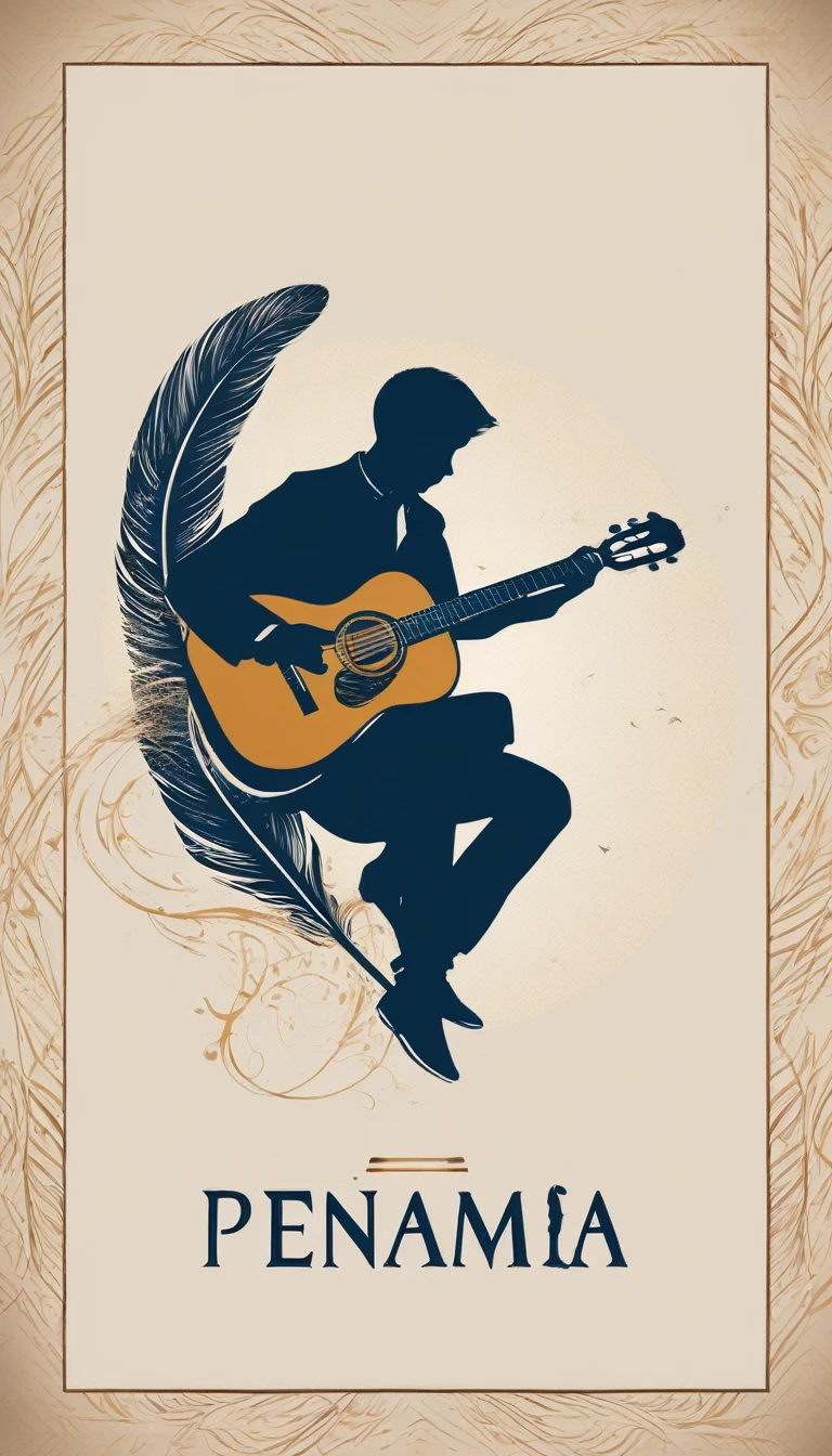Create a minimal, modern, simple, inspirational, memorable, dream like logo design of a boy playing acoustic guitar to a feather for the brand “Penamemoria". The logo design must convey a sense of storytelling, cinematic storytelling, stories and dreams. Logo design impressed on a book cover