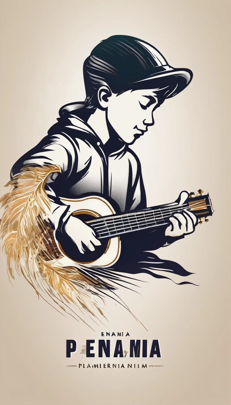 Create a minimal, modern, simple, inspirational, memorable, dream like logo design of a boy playing acoustic guitar to a feather for the brand “Penamemoria". The logo design must convey a sense of storytelling, cinematic storytelling, stories and dreams. Logo design impressed on a book cover
