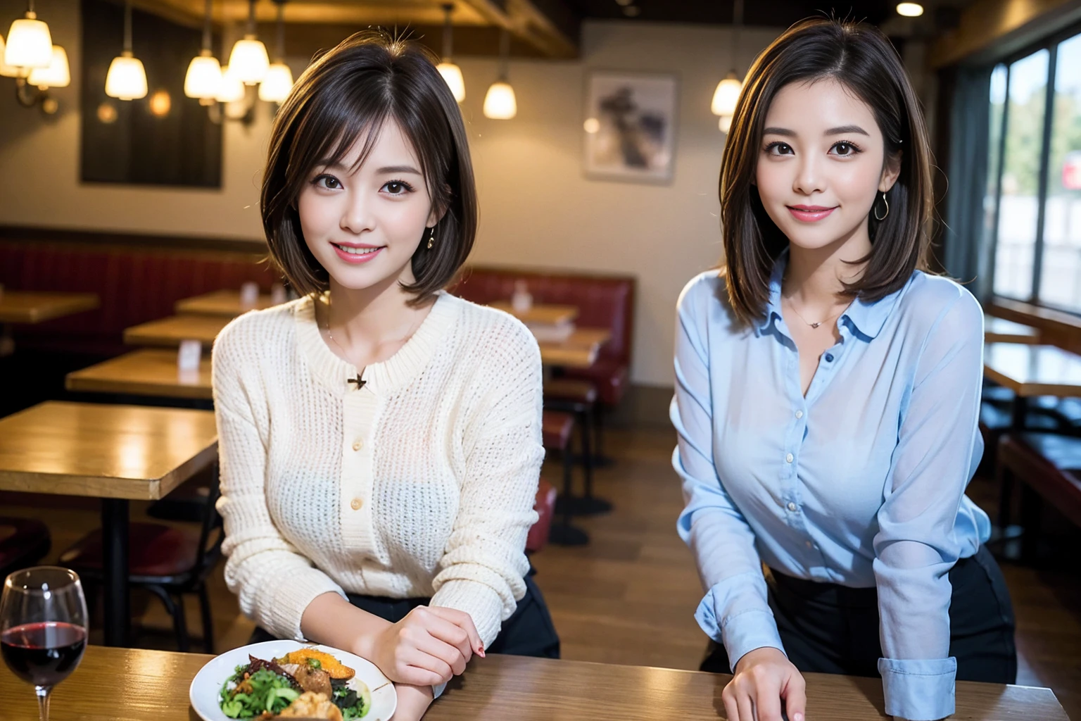 ((Highest quality、8k、masterpiece:1.3))、Shortcuts、cute、slimカップル、modelカップル、actress男優、(Realistic, Intricate details:1.2), full-course dinner、wine 、Amazing view of the sunset sky and clouds、A bright smile、short hair,Bright Face、45 years old), 42 years old, 赤wine 、Appetizers、Italian food、wine bottle、Champagne、スパークリングwine、Two beauties、Brown Hair、Shortcuts、Long sleeve shirt、dress、Beautiful woman 1, (slimな顔), (The body is slim), (Brown Hair), (Shortcuts), cheeks turn a little red,Attractive beauty、restaurant, In a prominent place (From the waist up) Nova Frog Style, actress, model, Upper Body, 白wine, slim, wineグラス, 中央に置かれたwineグラス, smile, (smile: 1.15), Beautiful fine grain, Depth f/2,saturation, High Contrast, Strong light and shadow,Moist Body:1.5、3D texture、Delicate eyes、Brown Hair、The hair is very shiny、