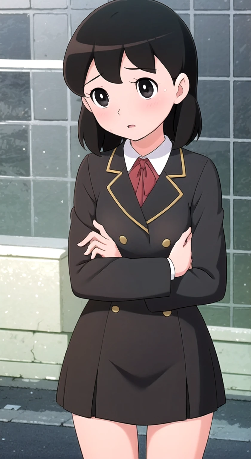 1girl, long black hair, uniform, shy, blush, wet, rain, transparent, (masterpiece, best quality), soft light, cinematic composition, cinematic light
