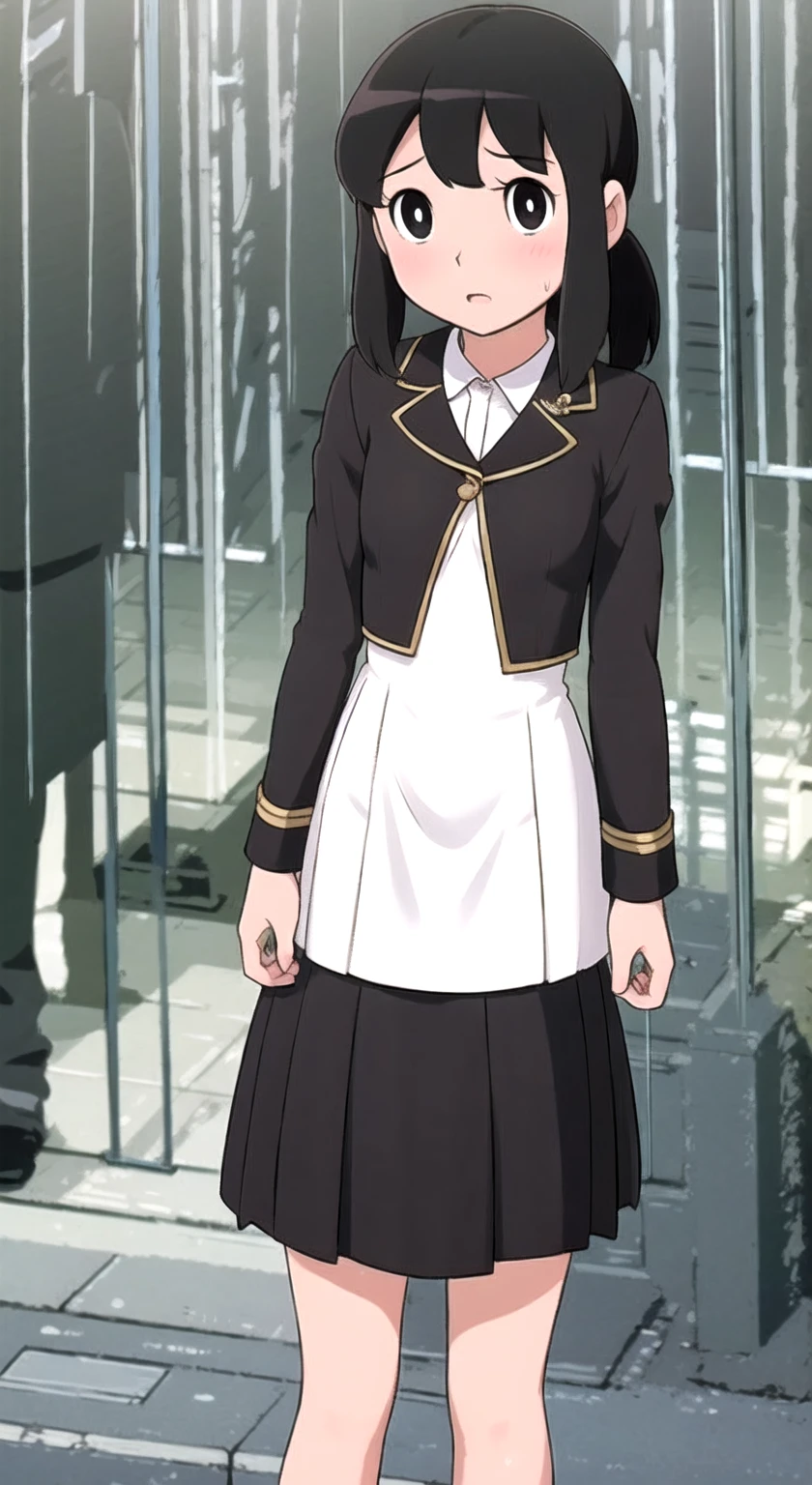 1girl, long black hair, uniform, shy, blush, wet, rain, transparent, (masterpiece, best quality), soft light, cinematic composition, cinematic light