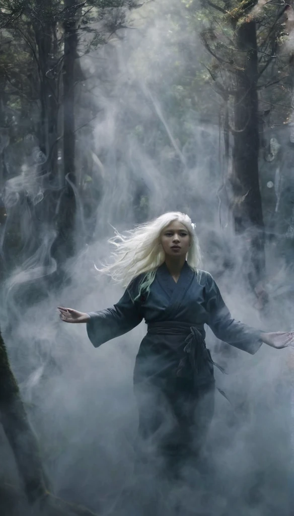 Engulfed By ret, Deep in the forest a girl stands surrounded by ghosts, lovecraftian, horror, still from the movie "the conjung" Create a vengeful spirit of a woman named Tamazusa from Japanese folklore. She should have a pale, ghostly appearance with long, flowing white hair and piercing eyes filled with hatred. Her attire should be traditional, tattered kimono with dark, ethereal elements that suggest her supernatural nature. The atmosphere around her should be eerie and menacing."