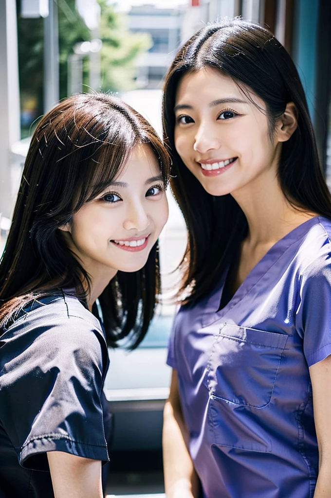 All dental hygienists wear black medical scrubs Short sleeves, Japanese, black hair, two women in their early 20s Upper body close-up smile Shooting outside Harmony々 Black Everyone wears the same clothes