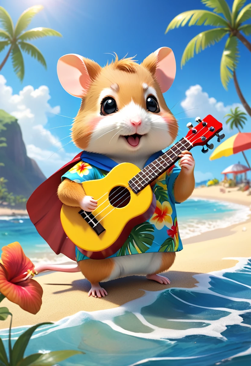 Esbian all over body、Cool hamster、Pop hamster、Diorama、Simple Background、Aloha Shirt、Playing a small ukulele、tropical、Beach Background、Cape、Best Quality, Capture the cutest moments, Depth of written boundary, Super detailed, Ultra-high resolution, Octadale, 8k, 16km race