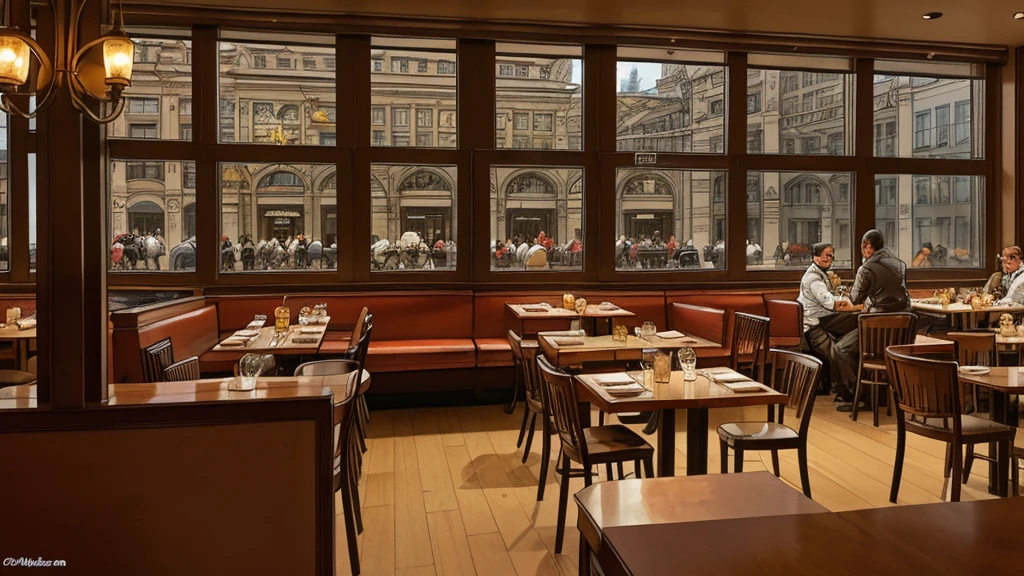 a restaurant, a restaurant в москве, public place, indoors, big windows, luxury, дорогой a restaurant, people have lunch, workers greet guests, Marvel Comics Style, comics