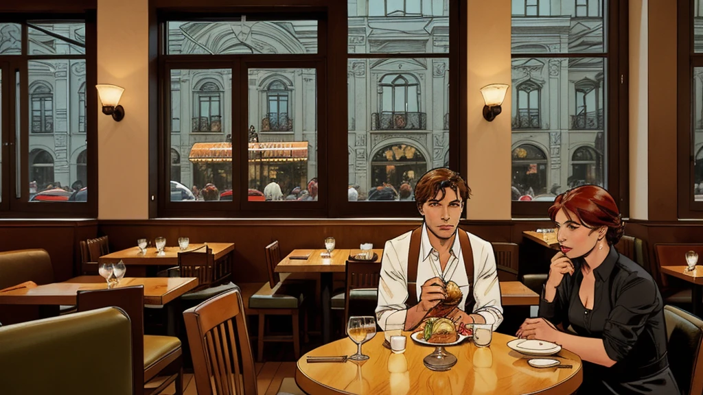 a restaurant, a restaurant в москве, public place, indoors, big windows, luxury, дорогой a restaurant, people have lunch, workers greet guests, Marvel Comics Style, comics