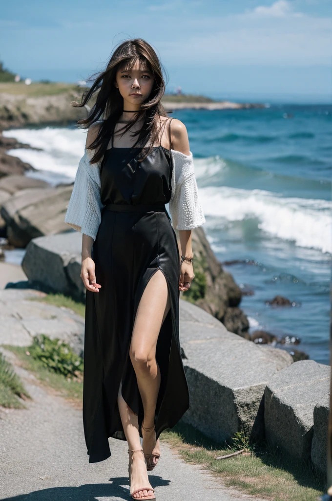 young woman walking by the sea Not wearing a slit shirt