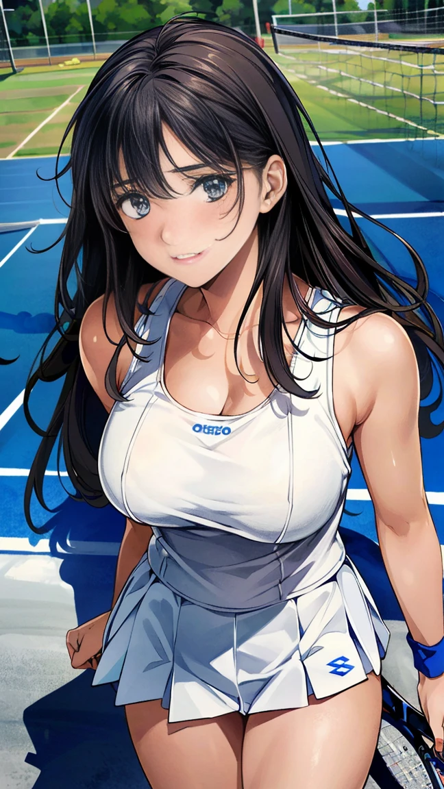 (masterpiece, Highest quality, Ultra-high resolution, Super detailed), (Realistic, photoRealistic:1.2), Beautiful illustrations, Perfect lighting, Natural light, colorful, Depth of written boundary, Browsing Caution, Vulgarity,
Beautiful detailed hair, Highly detailed face, Beautiful attention to detail, Beautiful clavicle, Beautiful body, Beautiful breasts, Beautiful thighs, Beautiful feet, Beautiful fingers,
View your viewers, (From above), 1 girl, kitamurakaori, (Perfect Anatomy, Anatomically correct, Highly detailed skin), Cute and symmetrical face,
Perfect Face, Perfect Eyes, Perfect body, Perfect Fingers, (Skin Dentition), White skin, Glowing Skin,
(Long Hair, Straight hair, Messy Hair:0.6, Black Hair), Swept-apart bangs, blue eyes, Droopy eyes, Long eyelashes, (Large Breasts, Big Hips, Captivating thighs), thin, outAre standing style,
(white tennis tank top, White tennis skirt, Blue tennis wristbands),
(Beautiful views), evening, (Tennis court:1.2), Are standing, (Obedient, Lips parted),