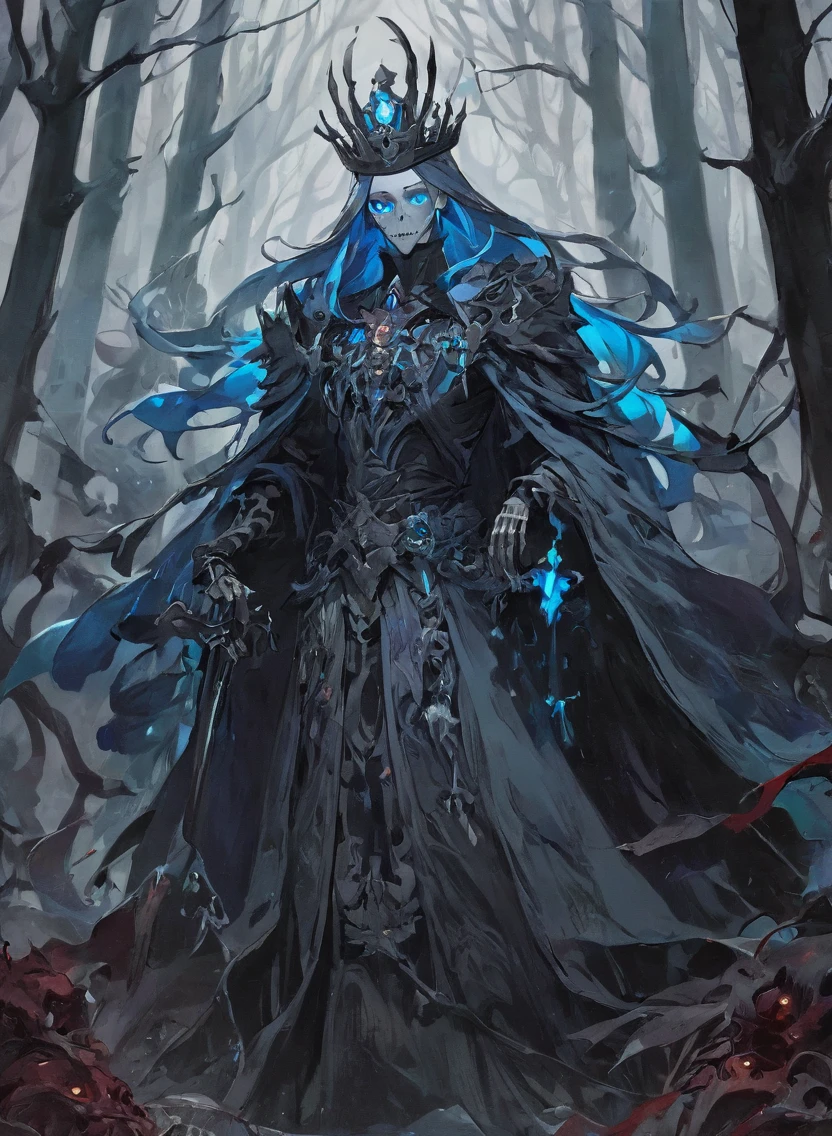 A warlock's patron, an undead king, with glowing blue eyes, in a dark forest, surrounded by a cold, cold color palette, a skeleton army in the background, wearing a bloodstained dress with a blood aura, The flesh is rotting.

