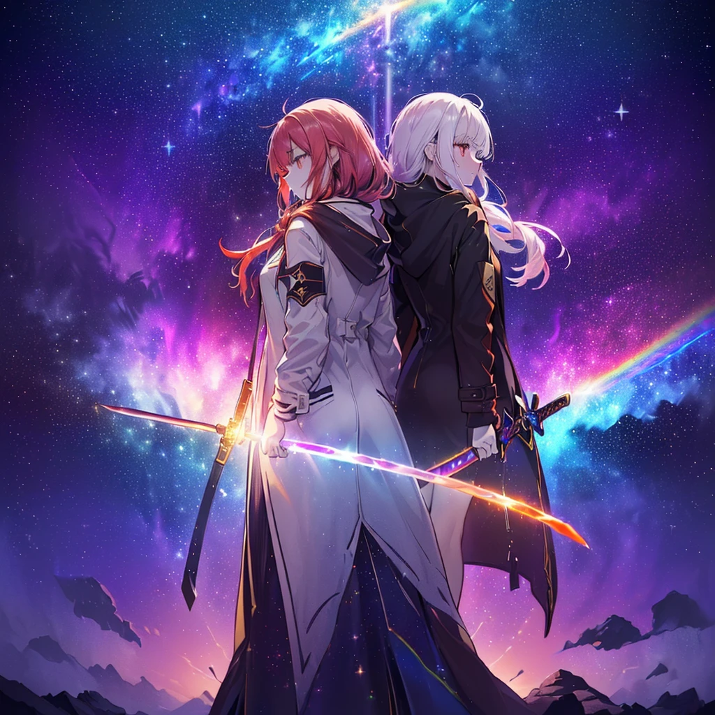 (((((Two Women、back to back、Holding a sword Galaxy Background、Shine))))) ((((Fantasy Rainbow colors、Long Hair Dull red eyes High Neck Hoodie Put on a coat without putting your arms through it)))) (((Lonely despair))) ((tears gloves)) (Distorted Space-Time star moon) Catch the wind Shine背景 Particles of light, Shineエッジ