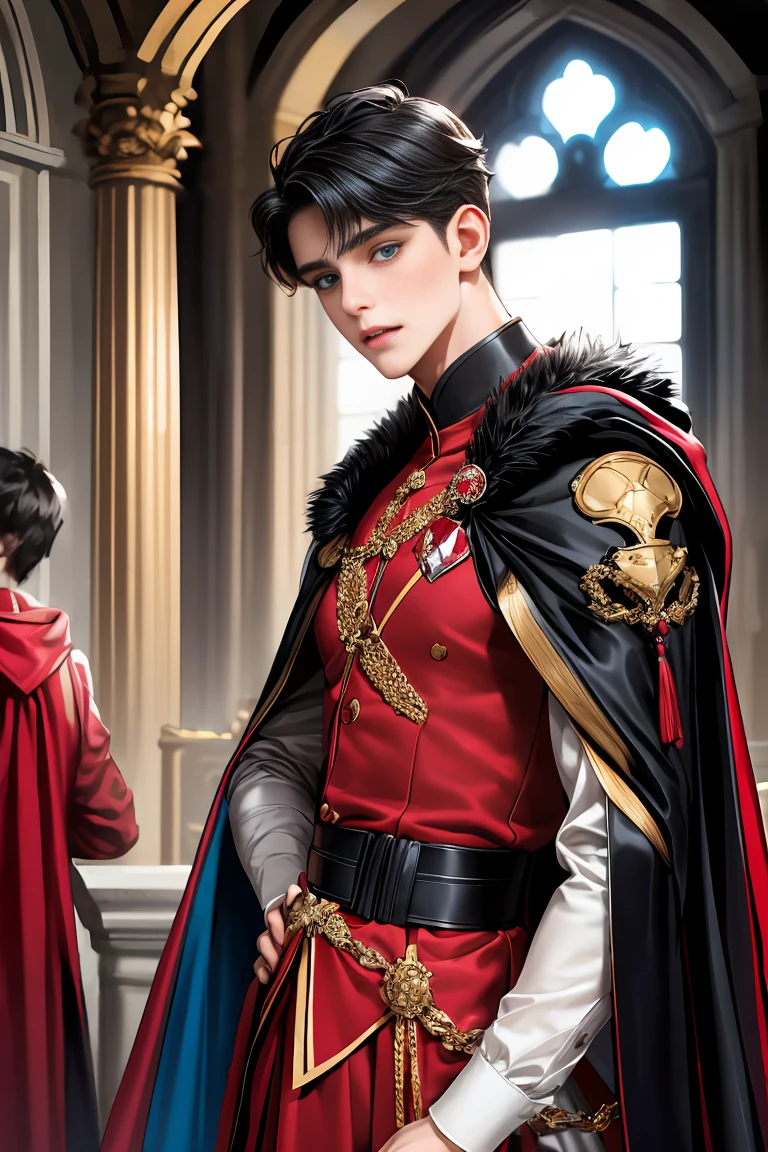 masterpiece, 最high quality, high quality, 1 boy, alone, Male focus, Watching the audience, Messy black hair, Adorable big blue eyes, White, Noble, Noble,A sexy, voluminous, puffy cape、vampire、It has its fangs bared.、A very voluminous, large, very large, very large, long, long red and black cape with a high stand-up collar, made of a lot of fabric that reaches down to the floor., ,Cute beautiful boys,Cute, cute, kind, handsome guy