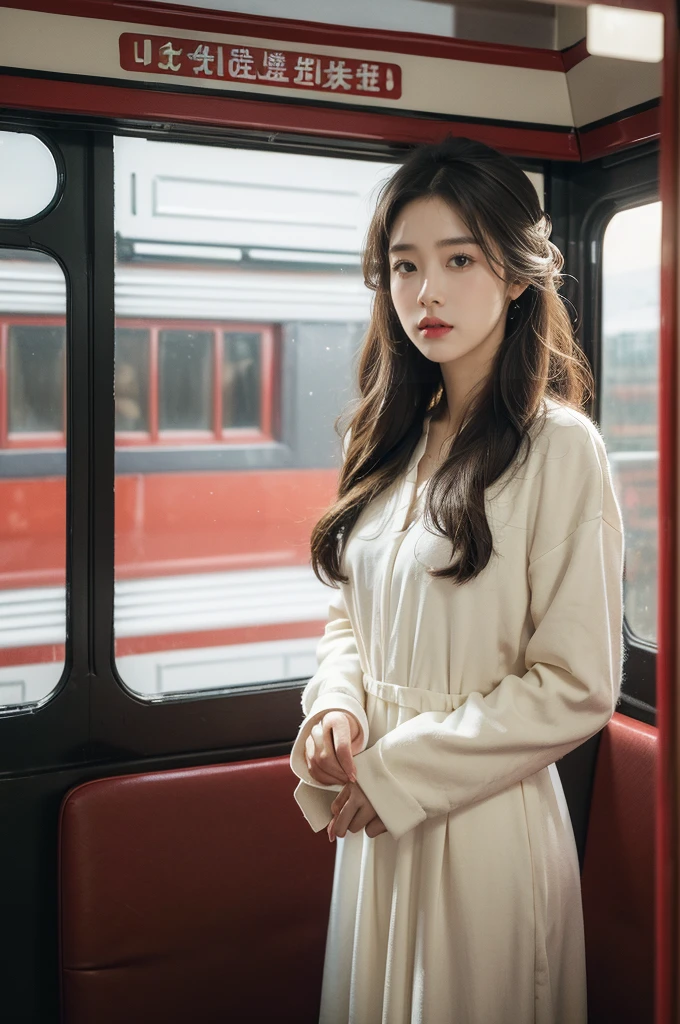 (((best quality))),(((ultra detailed))),(((masterpiece))),illustration,a stunning girl stands awkwardly embarrassed in a train carriage with white dress splattered with red paint stains surrounded by a teeming crowd