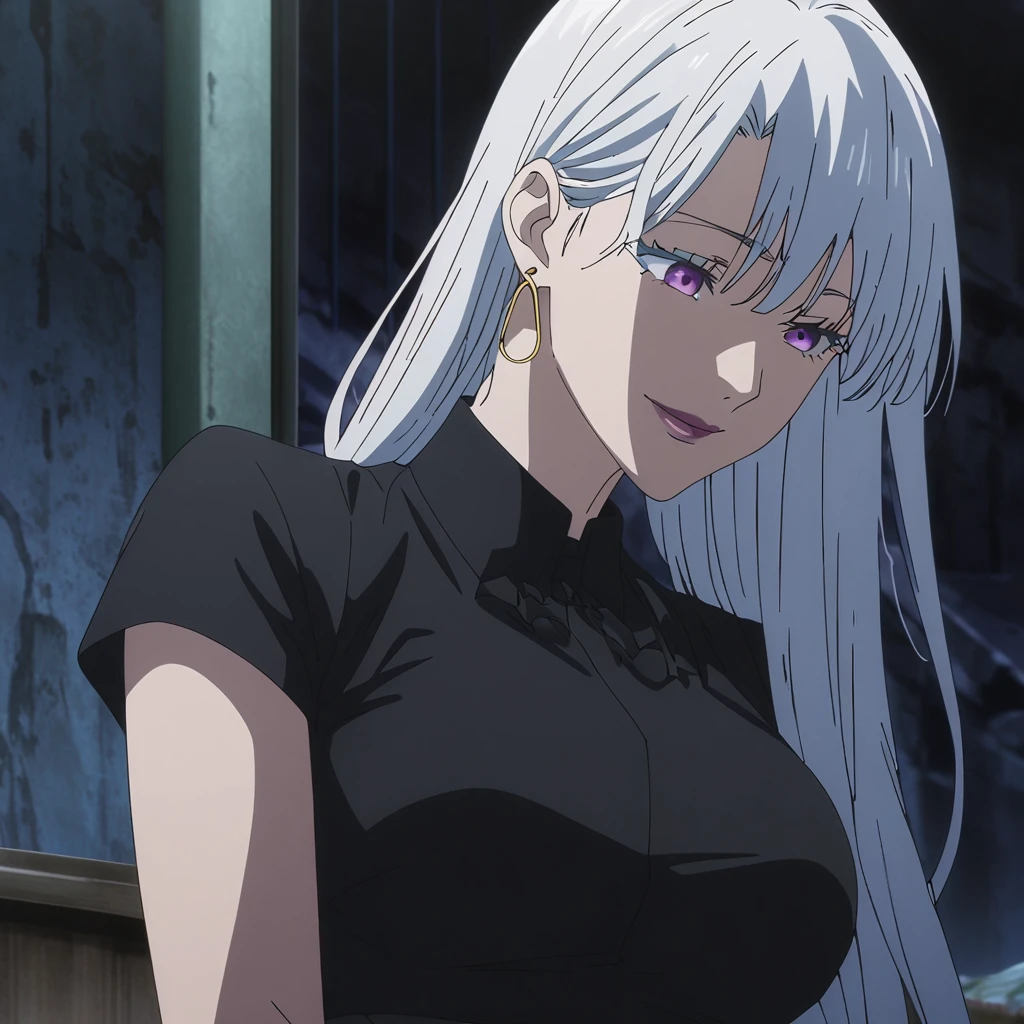 1girl, female gojo satoru, anime screencap from jujutsu kaisen, gojo satoru female version, solo, long_hair, ((purple eyes)) ((White_hair, hair over ear from one side)), night view, (hanging breasts) upper_body, smile, indoors, book, lips, (long hair) ((wearing black colour outfit, glossy)) breast, "very detailed and high resolution" (purple eyes) ((solo)) (((front view))) (earings) ((high resolution)) ((good quality)) ((silky hair, hair over ear from one side)) ((shy))
