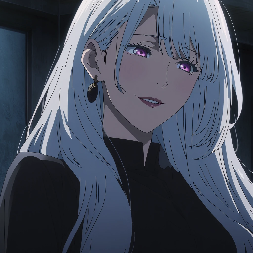 1girl, female gojo satoru, anime screencap from jujutsu kaisen, gojo satoru female version, solo, long_hair, ((purple eyes)) ((White_hair, hair over ear from one side)), night view, (hanging breasts) upper_body, smile, indoors, book, lips, (long hair) ((wearing black colour outfit, glossy)) breast, "very detailed and high resolution" (purple eyes) ((solo)) (((front view))) (earings) ((high resolution)) ((good quality)) ((silky hair, hair over ear from one side)) ((shy))