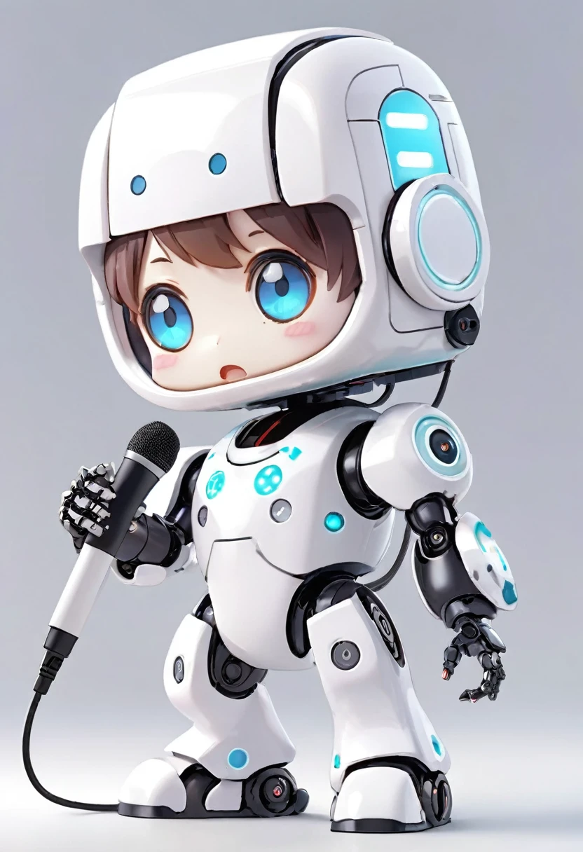 (((Dice-themed robot))), 3D Rendering, Jongsuk Lee, Digital Art, Adorable glowing creatures, Nendoroid-like style, Futuristic Gear Shiny White Armor、A cute robot、Big eyes、antenna、Electronic display panel on chest、Holding the microphone close to his mouth while speaking、((whole body、Background is white))、Are standing、Eyes closed