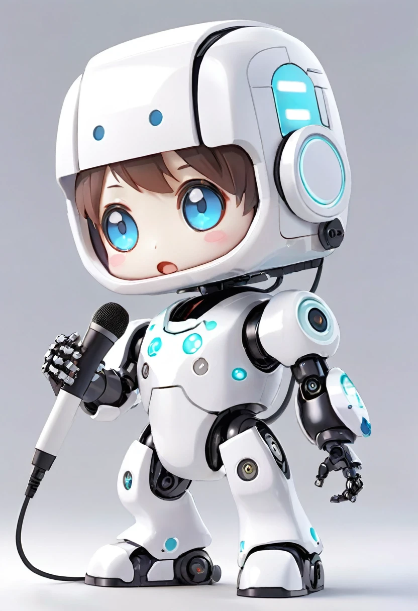 (((Dice-themed robot))), 3D Rendering, Jongsuk Lee, Digital Art, Adorable glowing creatures, Nendoroid-like style, Futuristic Gear Shiny White Armor、A cute robot、Big eyes、antenna、Electronic display panel on chest、Holding the microphone close to his mouth while speaking、((whole body、Background is white))、Are standing、Eyes closed