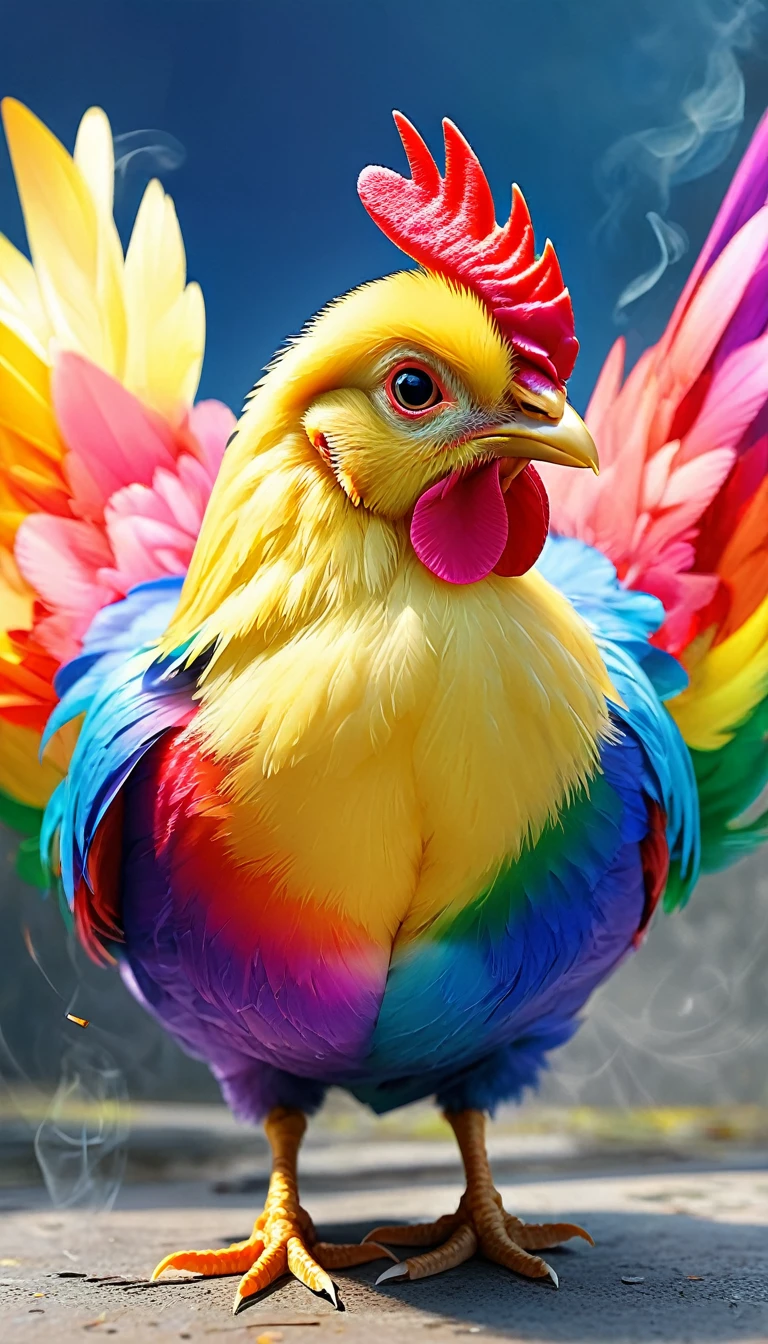 (((masterpiece))), ((Very detailed)), Cute Abstract Style, cigarette, In the sky, Colorful and vibrant, Mysterious Colors, modern impressionism, Portrait of Yanjun Chen, Rainbow Perspective , (Chick),Expanding Swirling Configuration, Big beautiful crystal eyes, Big Iris, 超High resolution, High resolution, 8k, The most beautiful portraits in the world, ((chicken baby)), Expressionless, Color and shape, emotional expression, Imaginative