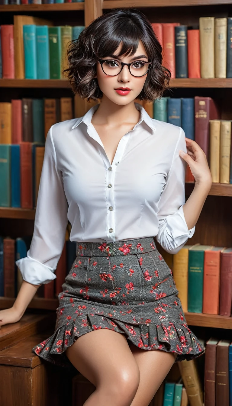 (((beautiful beautiful Isabela Merced, posing for shipmentss, looking sexy, ruffled lips, Short curly hair in different colors, extremely pretty eyes))), ((wearing floral silver necklace)), realistic shipmentsgraph, highy detailed, Foco do pointed, (Main lighting), (indoor bookstore environment), work of art, extremely pretty, Perfect beauty, (perfect shape body, Broad Hips, small waist, thick-thighs, firm abs, Body cute, knees, knees, focus on the knees, breasts small), short hair of different colors with bangs, short hair with bangs of different colors cobrindo a testa, short hair with bangs of different colors ((((short hair of different colors with bangs cobrindo a testa)))), ((30 years old)), (extremely detaild 8k wallpaper), ((face detailed)), (((wearing open white shirt, microsaia curta de tweed, knees, knees, Very Short Skirt)), (long dark eyelashes), (looking at the camera), (((neckleace))), (glamor model), (seductive facial expression) (((standing between high shelves full of books))), extremely detaild, work of art, details Intricate, highy detailed, Foco do pointed, skin detailed, realistic skin texture, texture, detailedeyes, high resolution, , (work of art, maximum quality, high resolution:1.4), shipments, cinematic, film grain, pointed, soft natural light, magic shipmentsgraphy, super verbose, ((all-body: legs 1.7)), librarian glasses, nerd glasses, ((pleated miniskirt: miniskirt 1.6)), unbuttoned blouse with neckleace, へそ, へそ, neckleace, (Head to knee, all-body: knees 1.3), horny, lascivious, provocative, knee lift, (((knee))), (((knee lift))), (((knee:. knee 1.3))), Knee, Knee Lift, Raised Knee, Focus on Knee, unbuttoned, cleavage, (((cleavage))), (((small cleavage))), (((hot cleavage))) (((sexy cleavage)))