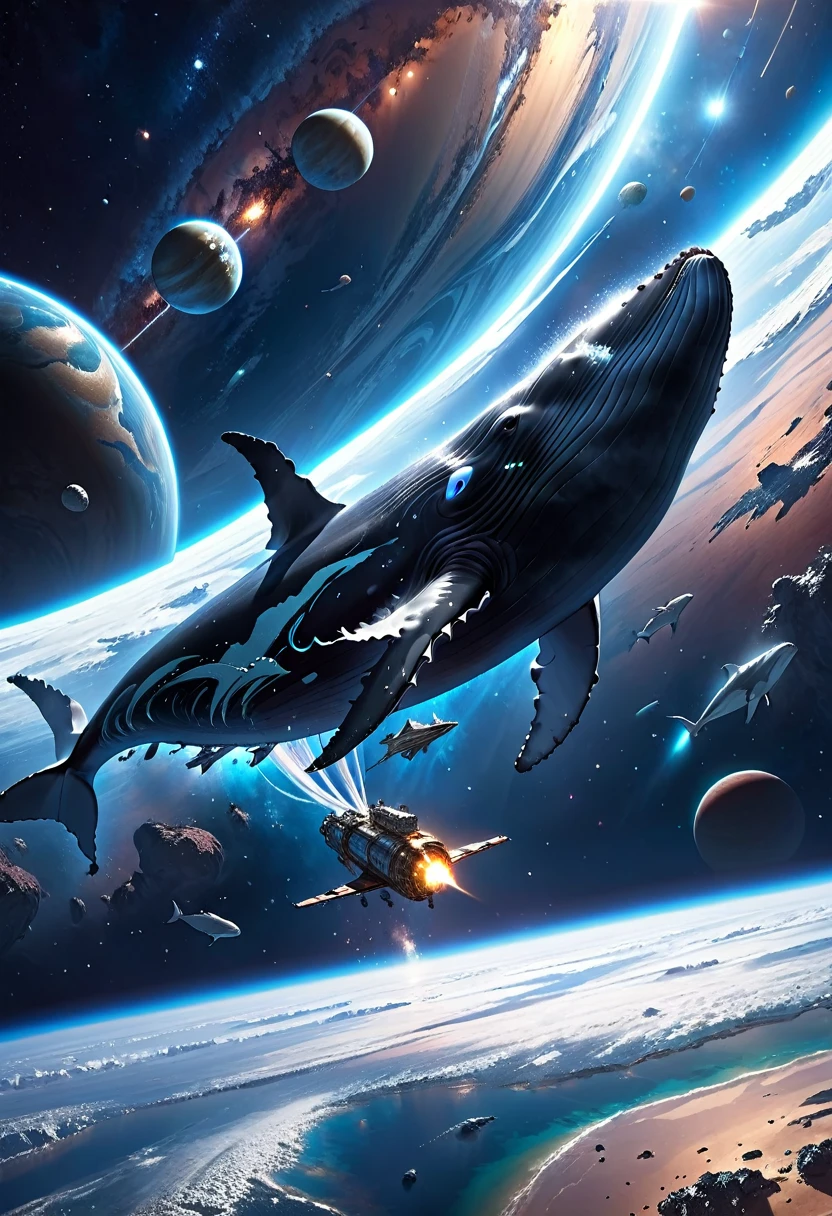 ((masterpiece, Highest quality, High resolution)), ((Highly detailed CG integrated 8K wallpaper)), A giant whale swims through space, This whale is flying from its home planet to a new one,