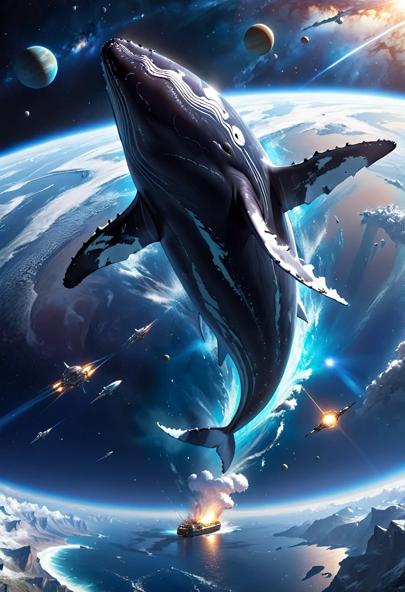 ((masterpiece, Highest quality, High resolution)), ((Highly detailed CG integrated 8K wallpaper)), A giant whale swims through space, This whale is flying from its home planet to a new one,