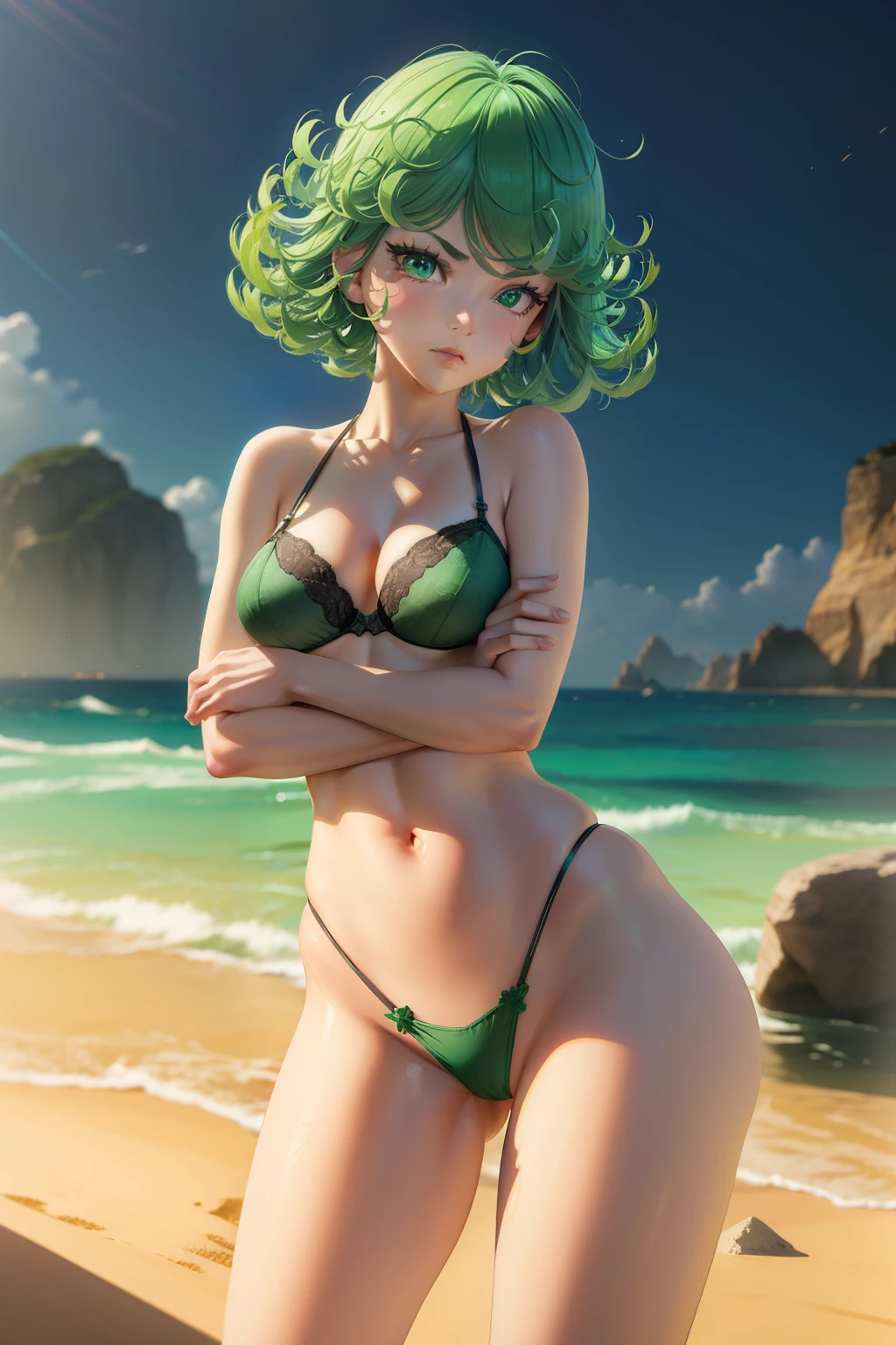 masterpiece, best quality,(colorful), (delicate eyes and face), volumetric light, ray tracing, extremely detailed CG unity 8k wallpaper, tatsumaki, green hair, green eyes, black bikini, bikini, bra, thong, captivating pose, looking at viewer, crossed arms, medium breasts