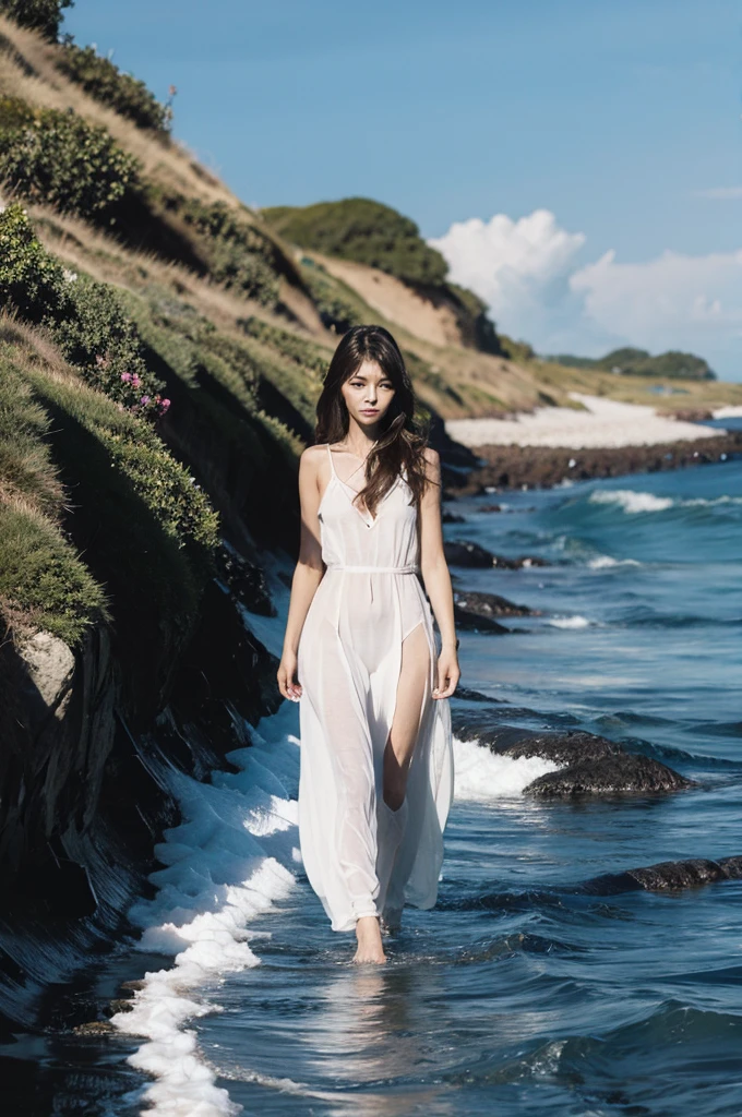 A young woman walks by the sea in a dress so thin that her flesh is visible.