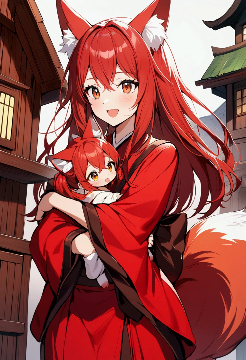 1girl with long red hair, amber eyes, fox ears, fox tail, red kimono, carry children, fantasy wooden house