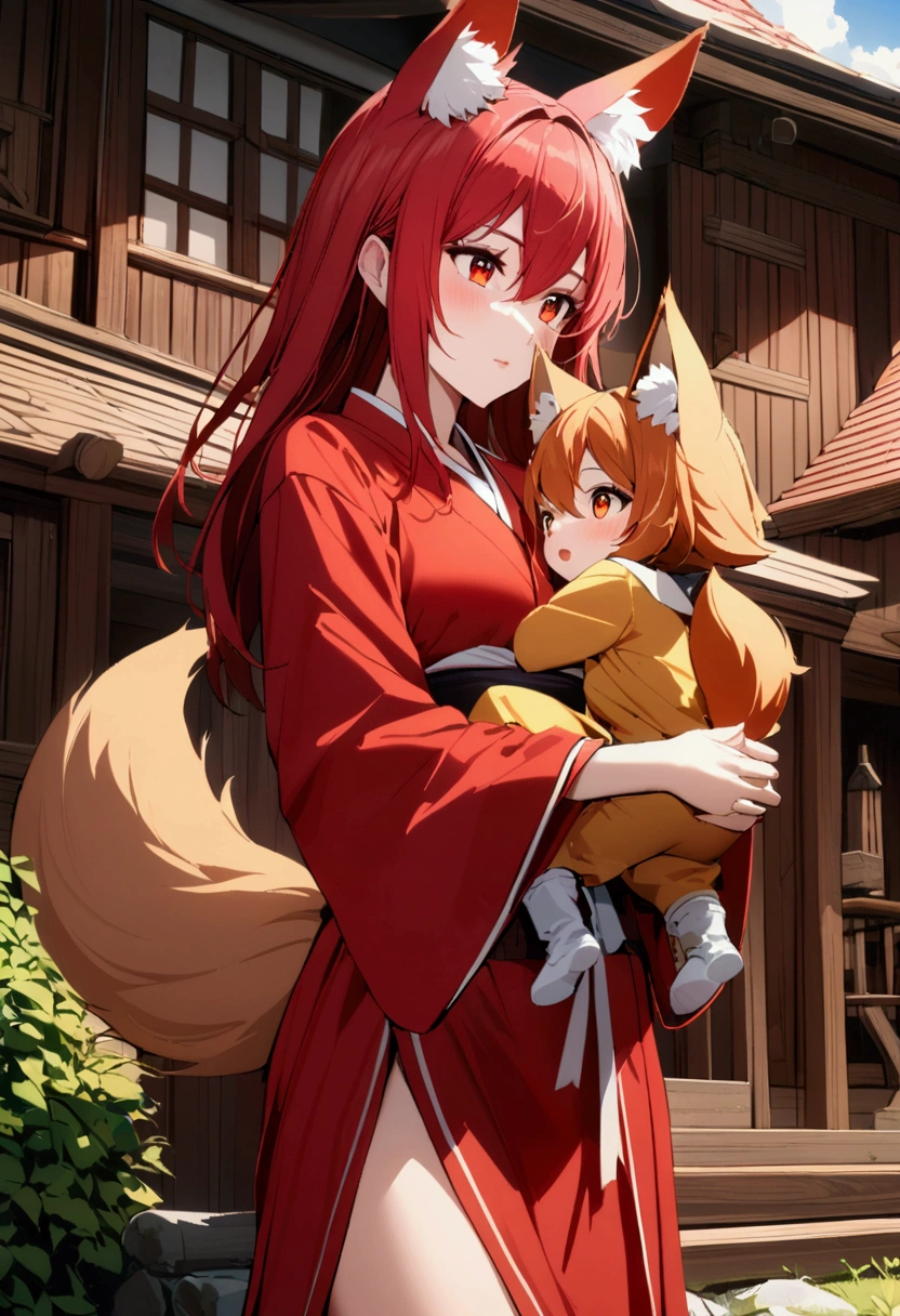 1girl with long red hair, amber eyes, fox ears, fox tail, red kimono, carry children, fantasy wooden house