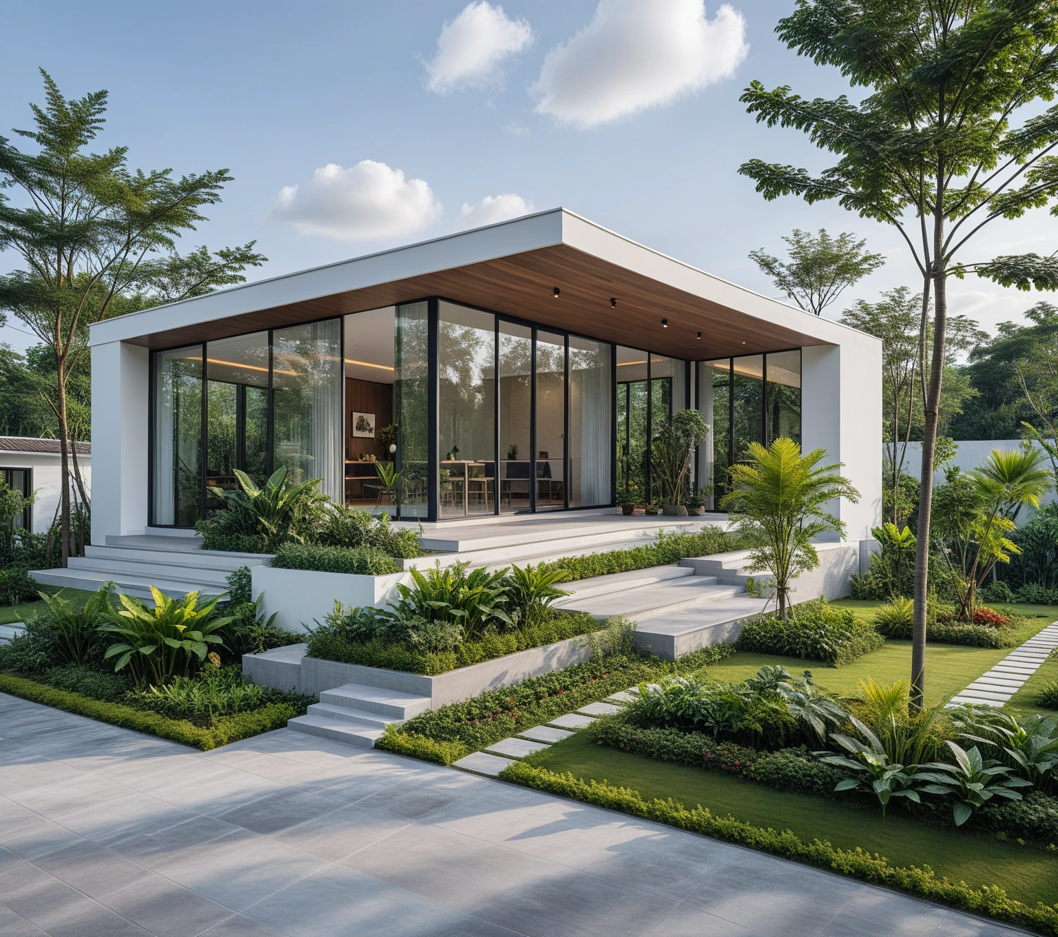 A hyper-realistic , a modern one-story house with a minimalist design, (very small house: 1.2) ,((with a facade less than 4 meters wide:1.2)), white and glass materials, wood, The house has a flat roof, large floor-to-ceiling glass windows, The garden includes various tropical plants and trees. (house as the showroom mini furniture:1.2), front view, elevation view
