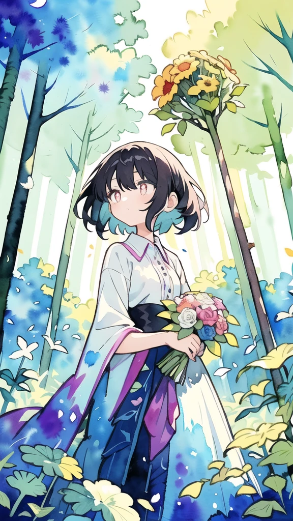 masterpiece, best quality, girl with bouquet, empty pupils, ethereal magical atmosphere, forest, unique, peaceful, colorful, (watercolor \(medium\), drawing, IrisCompiet:1.2), 