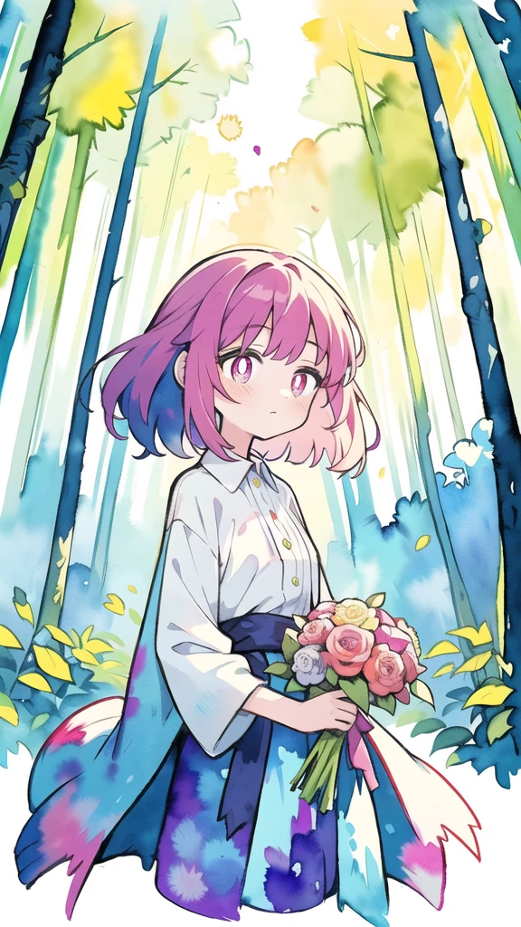 masterpiece, best quality, girl with bouquet, empty pupils, ethereal magical atmosphere, forest, unique, peaceful, colorful, (watercolor \(medium\), drawing, IrisCompiet:1.2),
