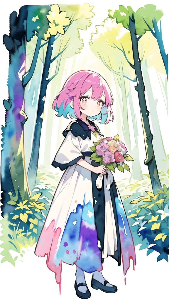 masterpiece, best quality, girl with bouquet, empty pupils, ethereal magical atmosphere, forest, unique, peaceful, colorful, (watercolor \(medium\), drawing, IrisCompiet:1.2),