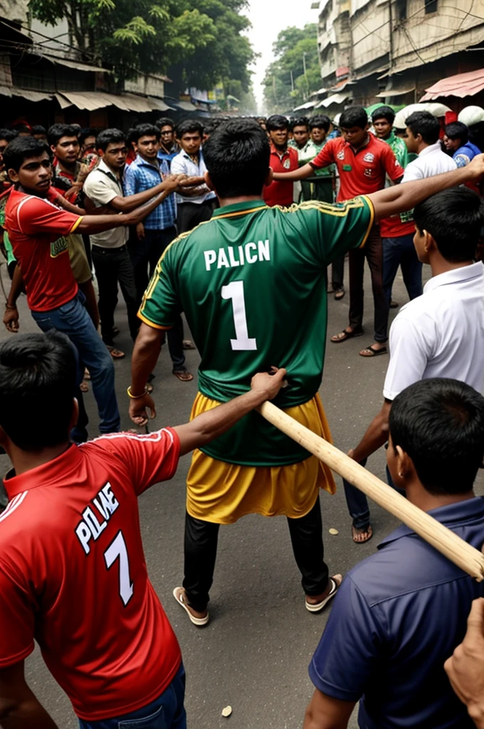 A 16 year man is wearing a Bangladeshi jersey and is standing with a stick in his left hand.And the picture taken from the back side.And in the background police beating people.
