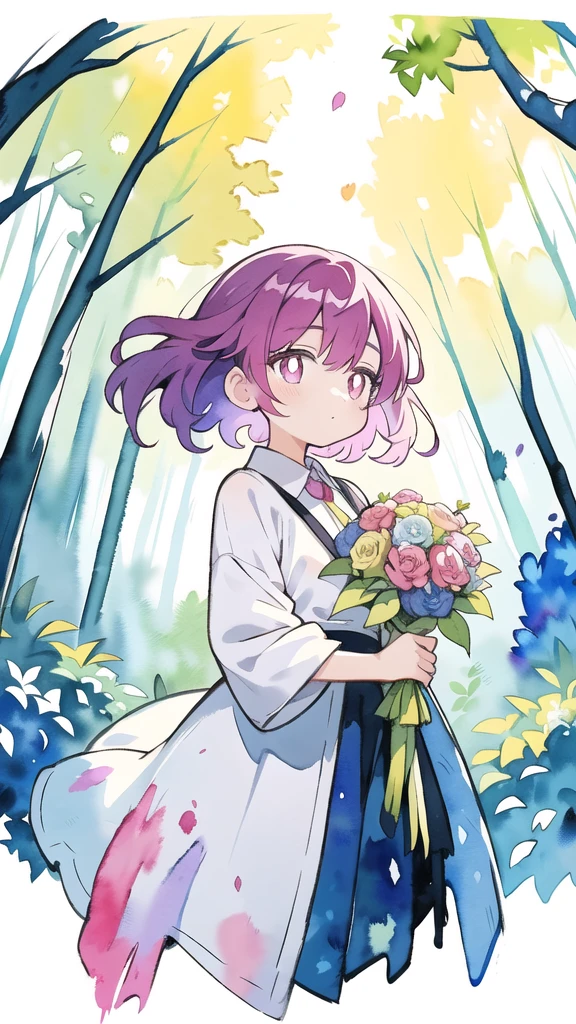 masterpiece, best quality, girl with bouquet, empty pupils, ethereal magical atmosphere, forest, unique, peaceful, colorful, (watercolor \(medium\), drawing, IrisCompiet:1.2),