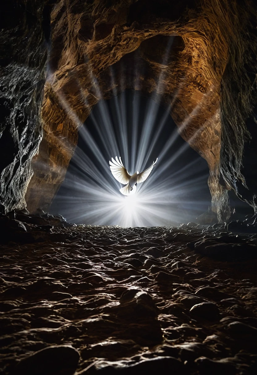 "An ethereal scene featuring a dark cavern illuminated by a single beam of light shining from above. In the center of the light beam, a white dove are gracefully flying upwards, symbolizing freedom and peace. At the base of the light, broken chains and shackles lie on the ground, suggesting liberation from captivity. The surrounding cave walls are rugged and dark, contrasting with the serene and hopeful ambiance created by the light and doves." A light beam coming from a narrow hole in a Cave.
