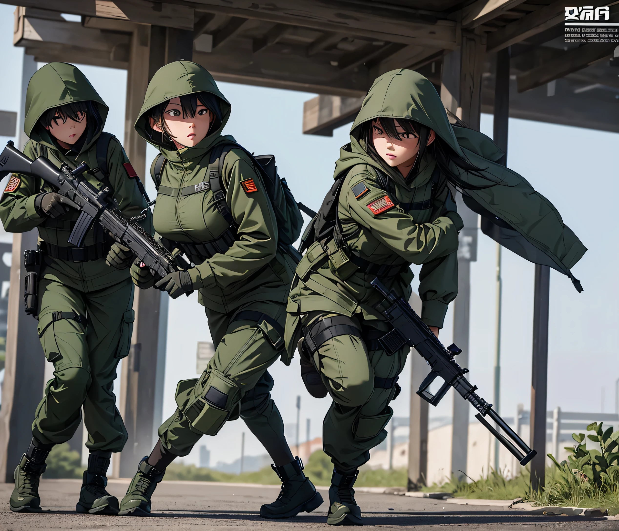 a group of armed female soldiers on patrol at a military base, all wearing chinese green m-51 hooded military uniforms, hoods up, tactical webbing, magazine pouches, military pants, knee pads, extremely detailed information, masterpiece, best quality, highly detailed cg, 8k