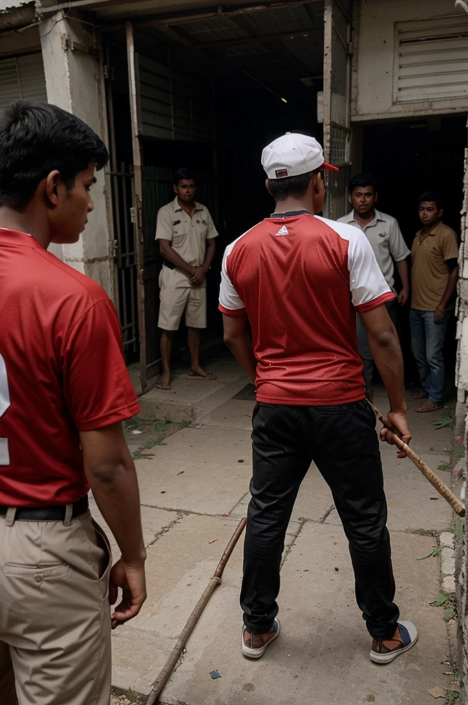 A 16 year man is wearing a Bangladeshi jersey and is standing with a stick in his left hand.And the picture taken from the back side.And in the background police beating people.
